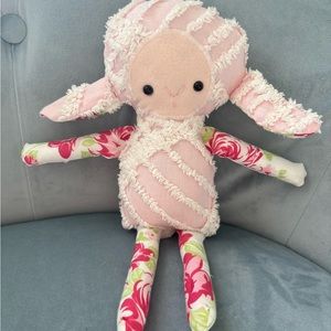 Handcrafted stuffed doll with vintage Chenille and roses fabric. Pink white red.